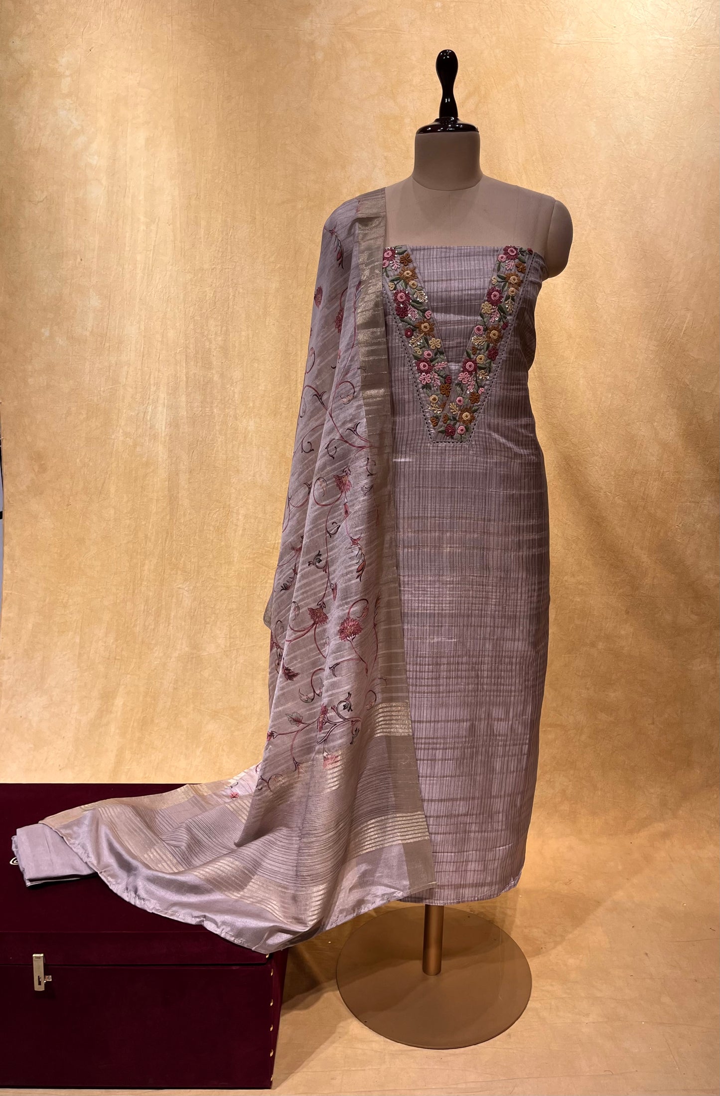 BEIGE COLOUR TUSSAR SILK UNSTITCHED SUIT EMBELLISHED WITH FRENCH KNOT EMBROIDERY