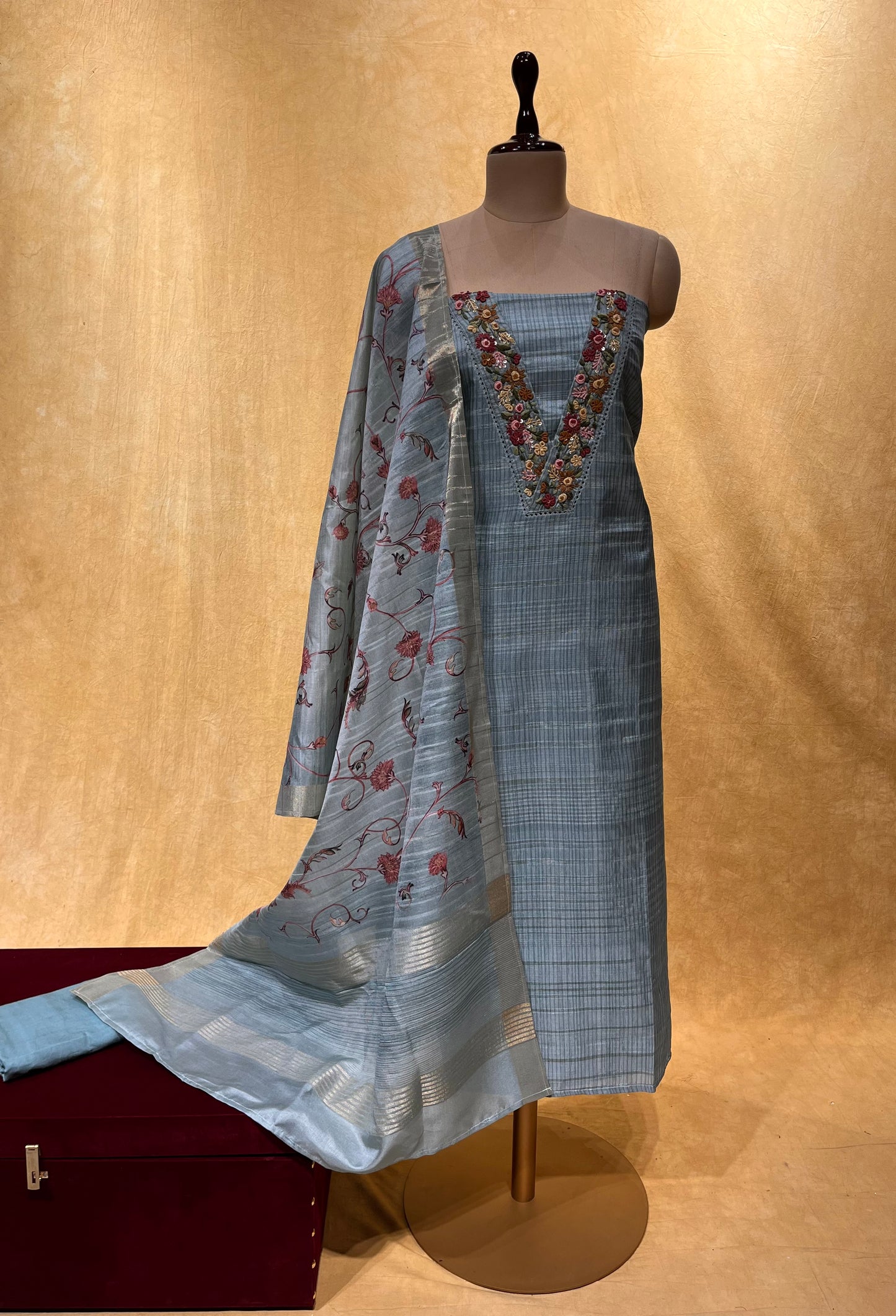 PASTEL BLUE COLOUR TUSSAR SILK UNSTITCHED SUIT EMBELLISHED WITH FRENCH KNOT EMBROIDERY