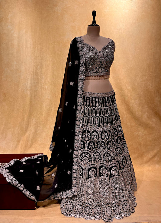 ( DELIVERY IN 25 DAYS ) BLACK COLOUR GEORGETTE LEHENGA WITH READYMADE BLOUSE EMBELLISHED WITH SEQUINS & MIRROR WORK