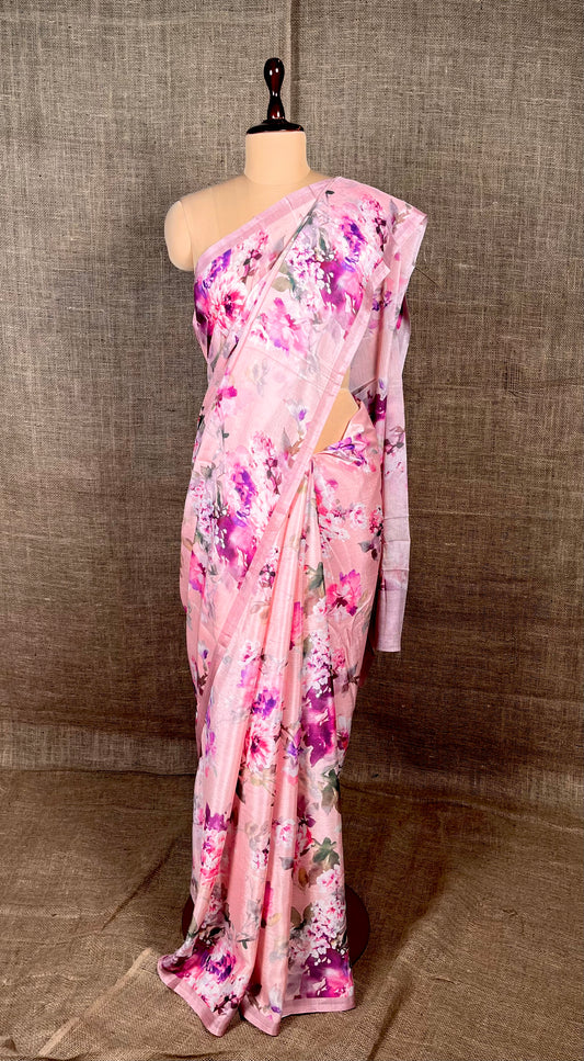 PINK COLOUR CHINON FLORAL PRINTED SAREE