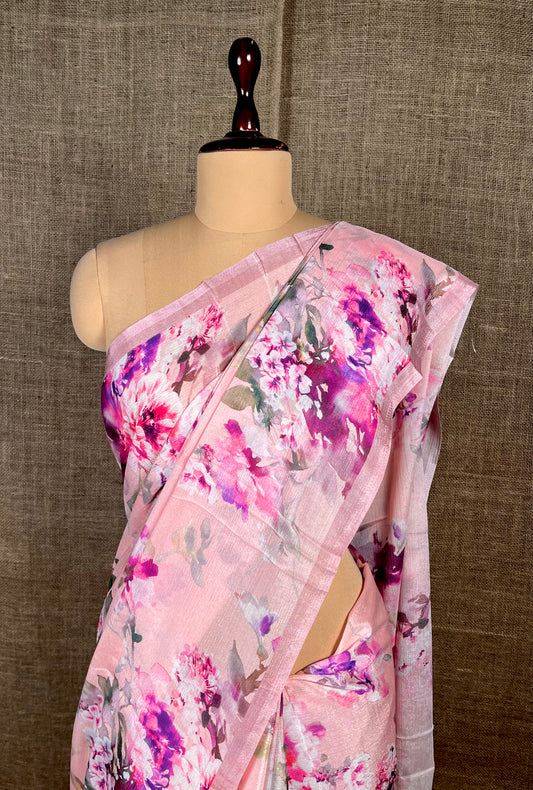 PINK COLOUR CHINON FLORAL PRINTED SAREE