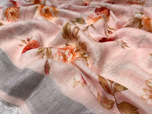 (DELIVERY IN 25 DAYS ) BABY PINK COLOUR LINEN PRINTED SAREE WITH ZARI BORDER