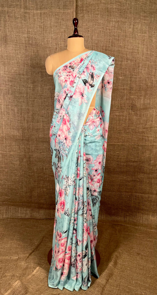 AQUA COLOUR CHINON FLORAL PRINTED SAREE