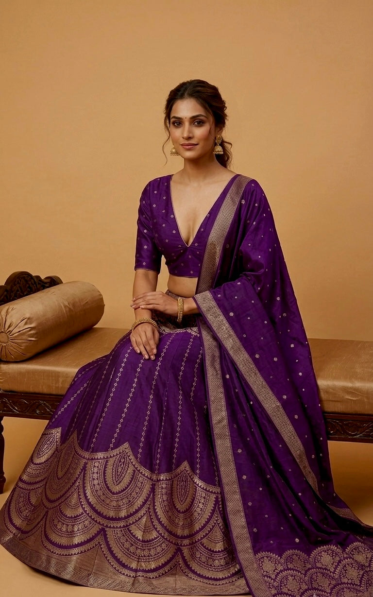 PURPLE COLOUR BANARASI SILK LEHENGA WITH DUPATTA & MONOTONE UNSTITCHED BLOUSE EMBELLISHED WITH ZARI WEAVES