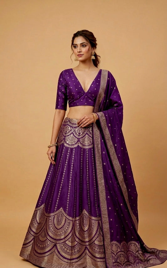 PURPLE COLOUR BANARASI SILK LEHENGA WITH DUPATTA & MONOTONE UNSTITCHED BLOUSE EMBELLISHED WITH ZARI WEAVES