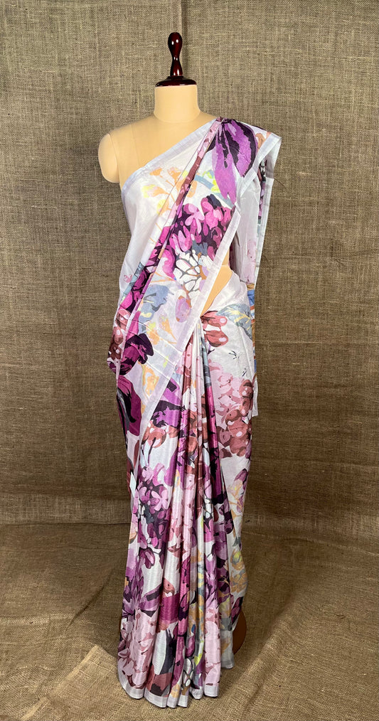 LAVENDER COLOUR CHINON FLORAL PRINTED SAREE