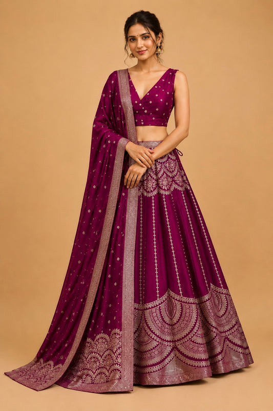WINE COLOUR BANARASI SILK LEHENGA WITH DUPATTA & MONOTONE UNSTITCHED BLOUSE EMBELLISHED WITH ZARI WEAVES
