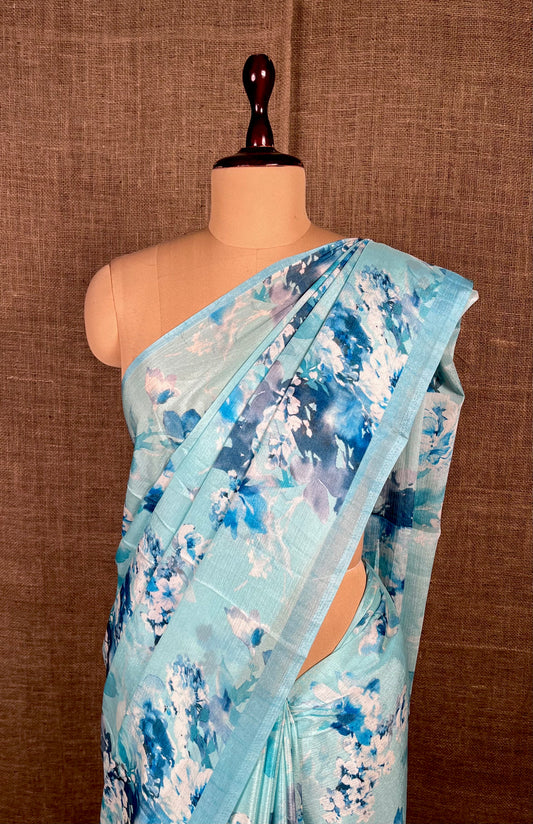 AQUA COLOUR CHINON FLORAL PRINTED SAREE