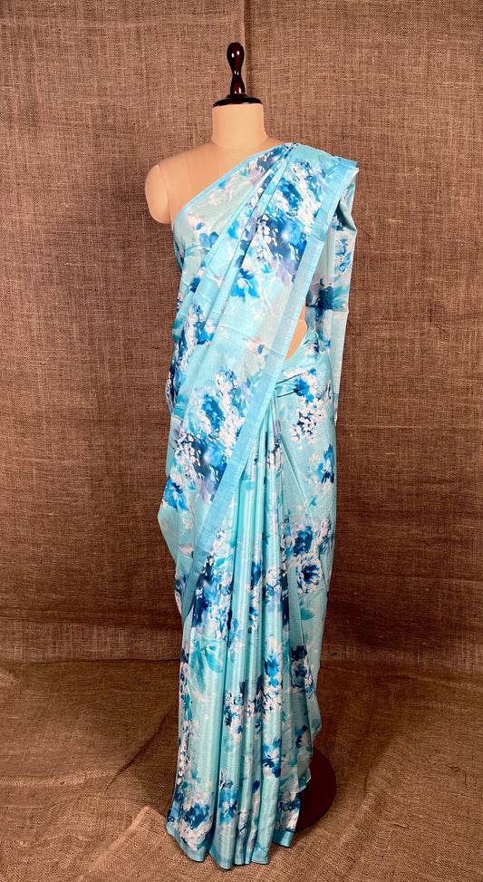 AQUA COLOUR CHINON FLORAL PRINTED SAREE