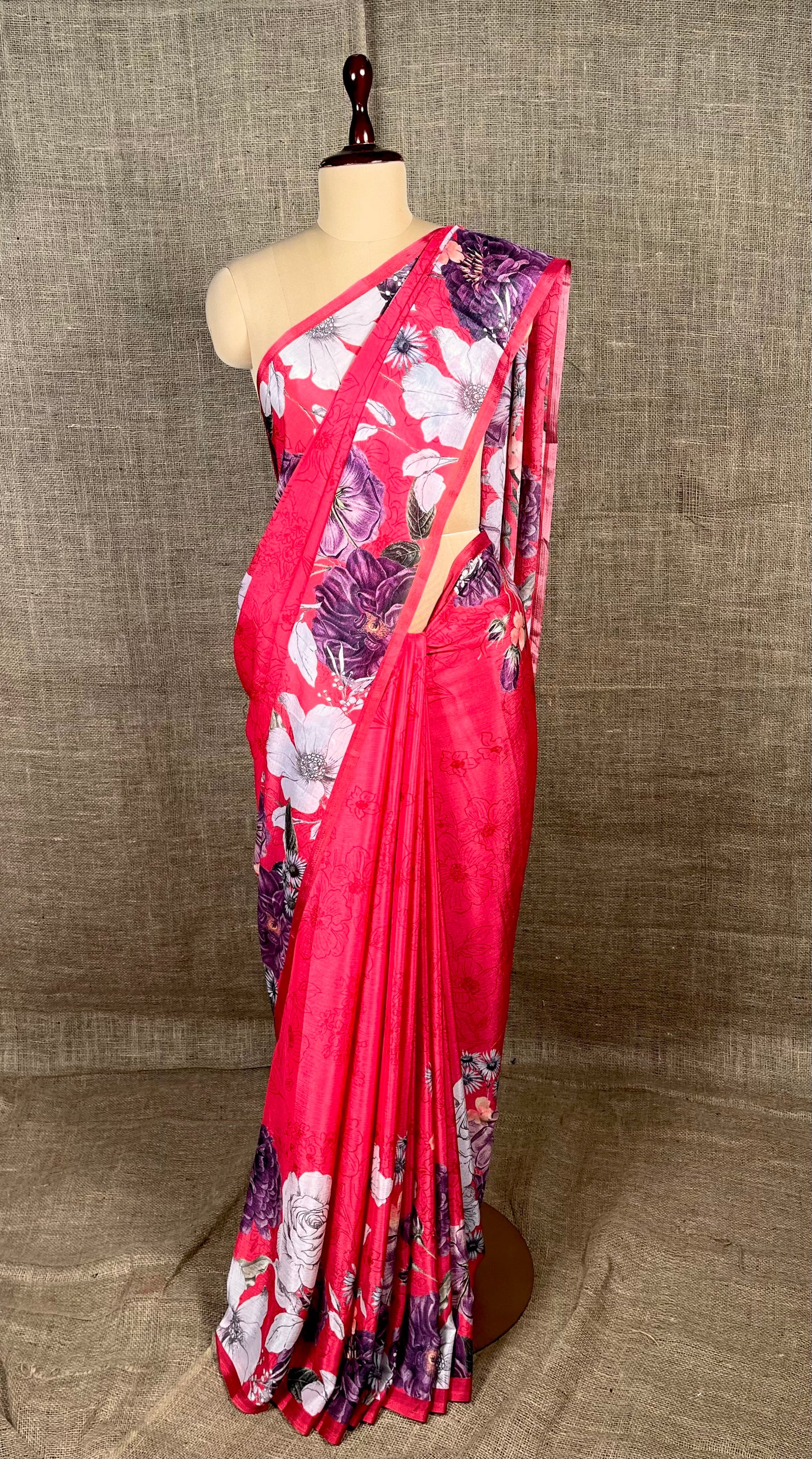 PINK COLOUR CHINON FLORAL PRINTED SAREE