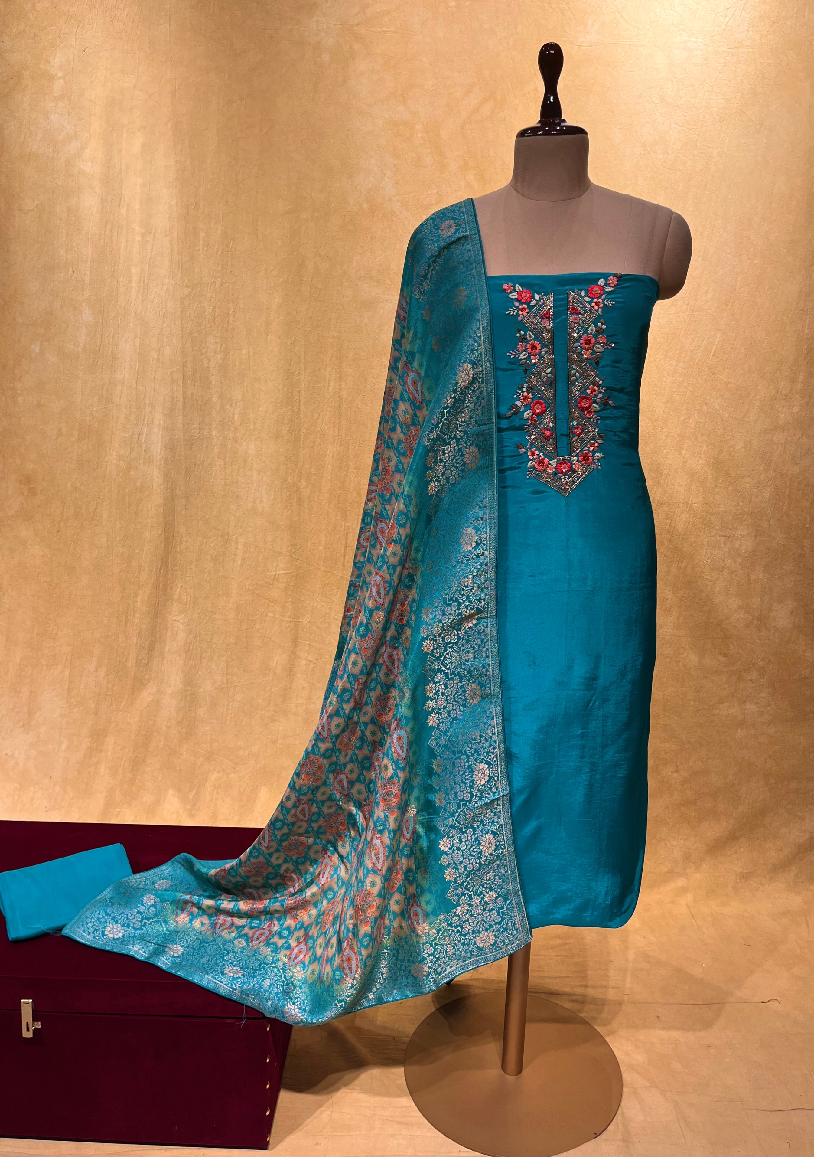 HAVY SOFT NET FIROZI COLOR SEMISTICHED CHAINSTICHE EMBROIDERED GOWN FOR  WOMANS Color: Blue Fabric: Net Type: Semi Stitched Style: Embroidered  Design Type: Indo-western Sleeve Length: Sleeveless Occasion: Wedding  Sleeve Style: Cap Sleeve