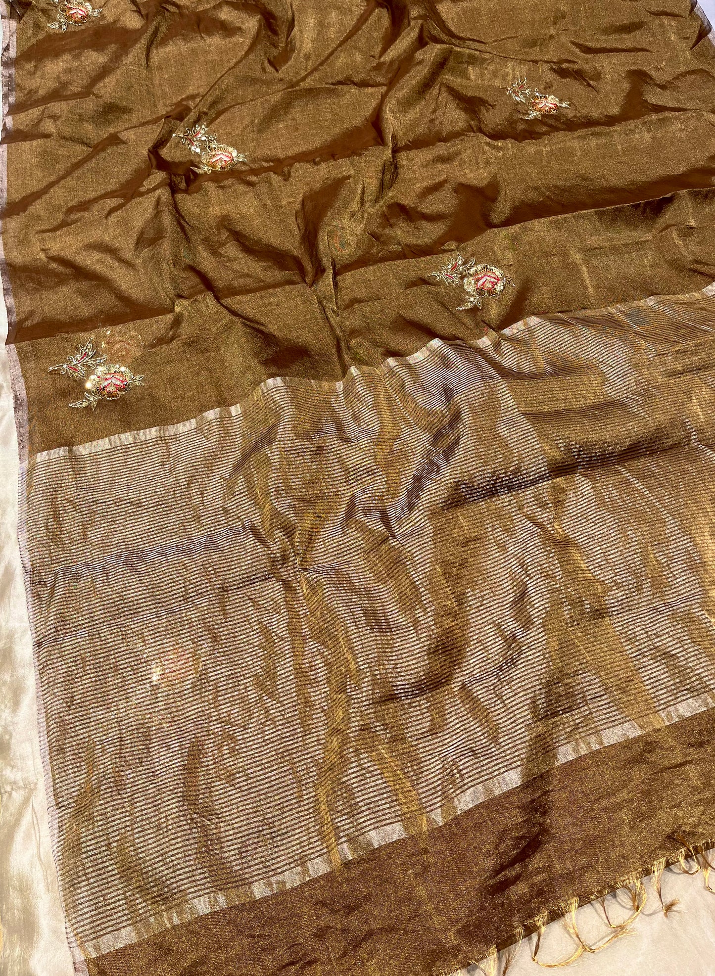 GOLDEN COPPER TISSUE HAND EMBROIDERED SAREE EMBELLISHED WITH CUTDANA & SEQUINS WORK