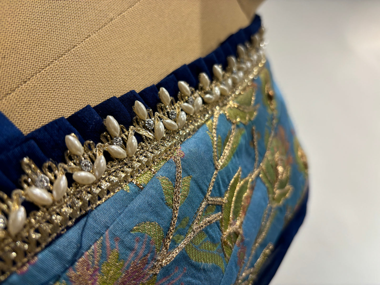 PEACOCK BLUE ANARKALI PATTERN, SILK SUIT WITH FINE INTRICATED, FLORAL EMBROIDERY GOTA PAATI WORK