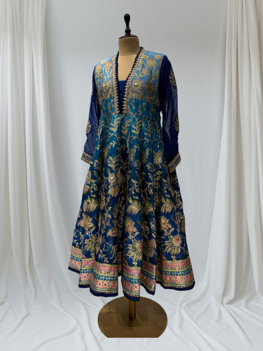 PEACOCK BLUE ANARKALI PATTERN, SILK SUIT WITH FINE INTRICATED, FLORAL EMBROIDERY GOTA PAATI WORK