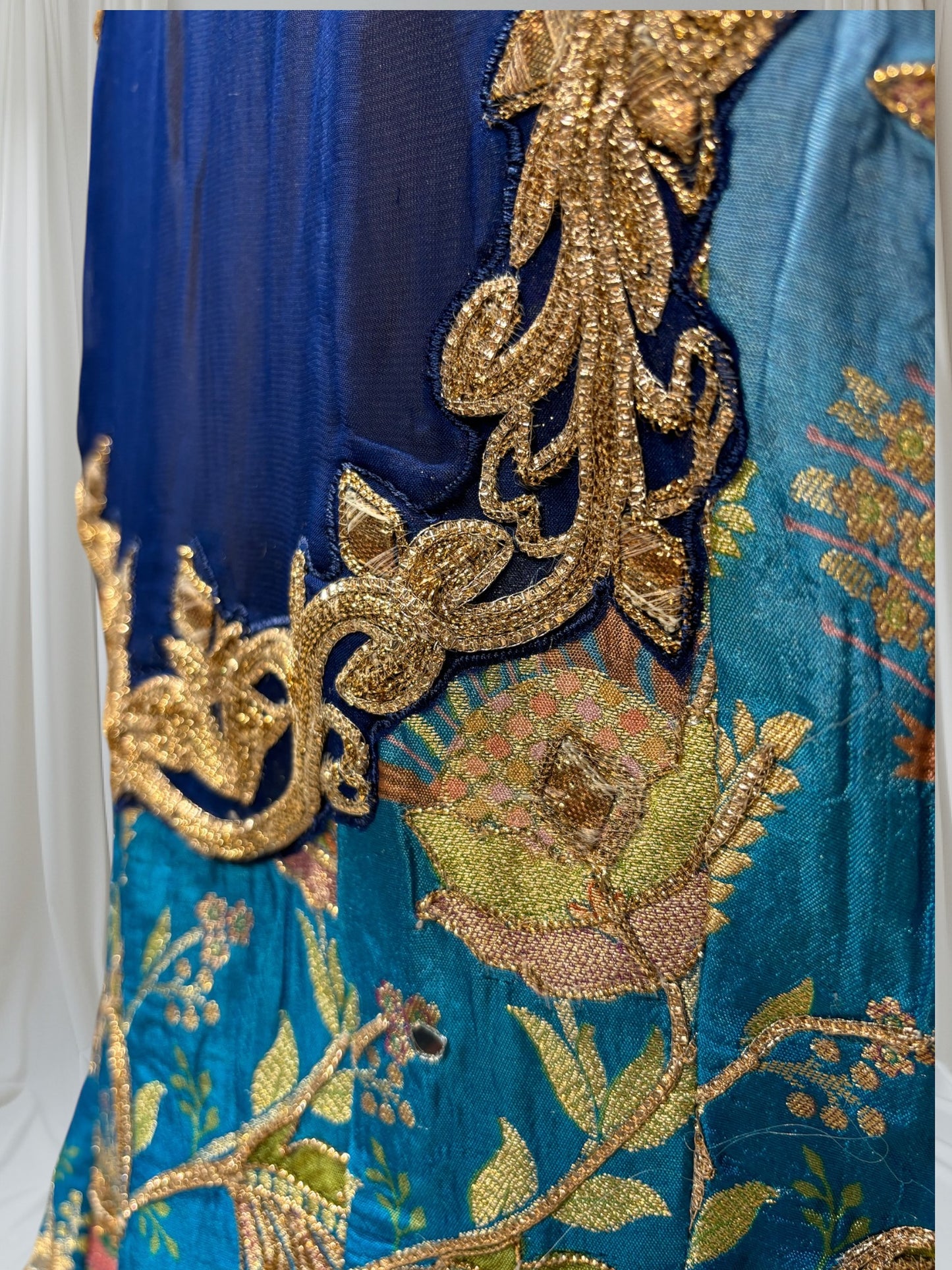 PEACOCK BLUE ANARKALI PATTERN, SILK SUIT WITH FINE INTRICATED, FLORAL EMBROIDERY GOTA PAATI WORK