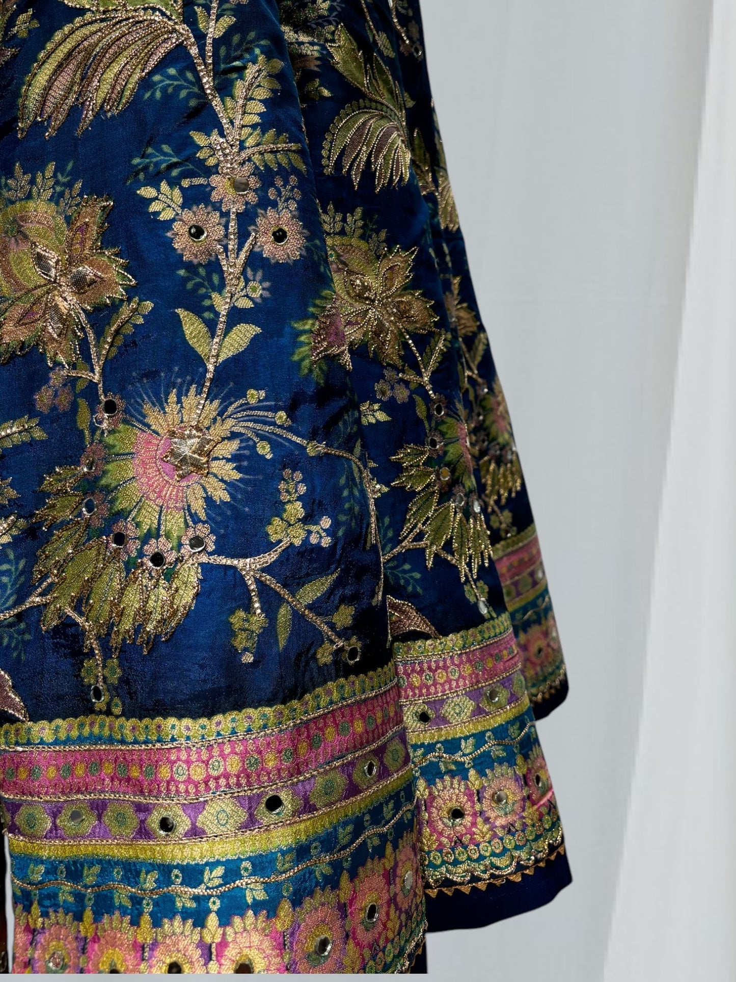 PEACOCK BLUE ANARKALI PATTERN, SILK SUIT WITH FINE INTRICATED, FLORAL EMBROIDERY GOTA PAATI WORK