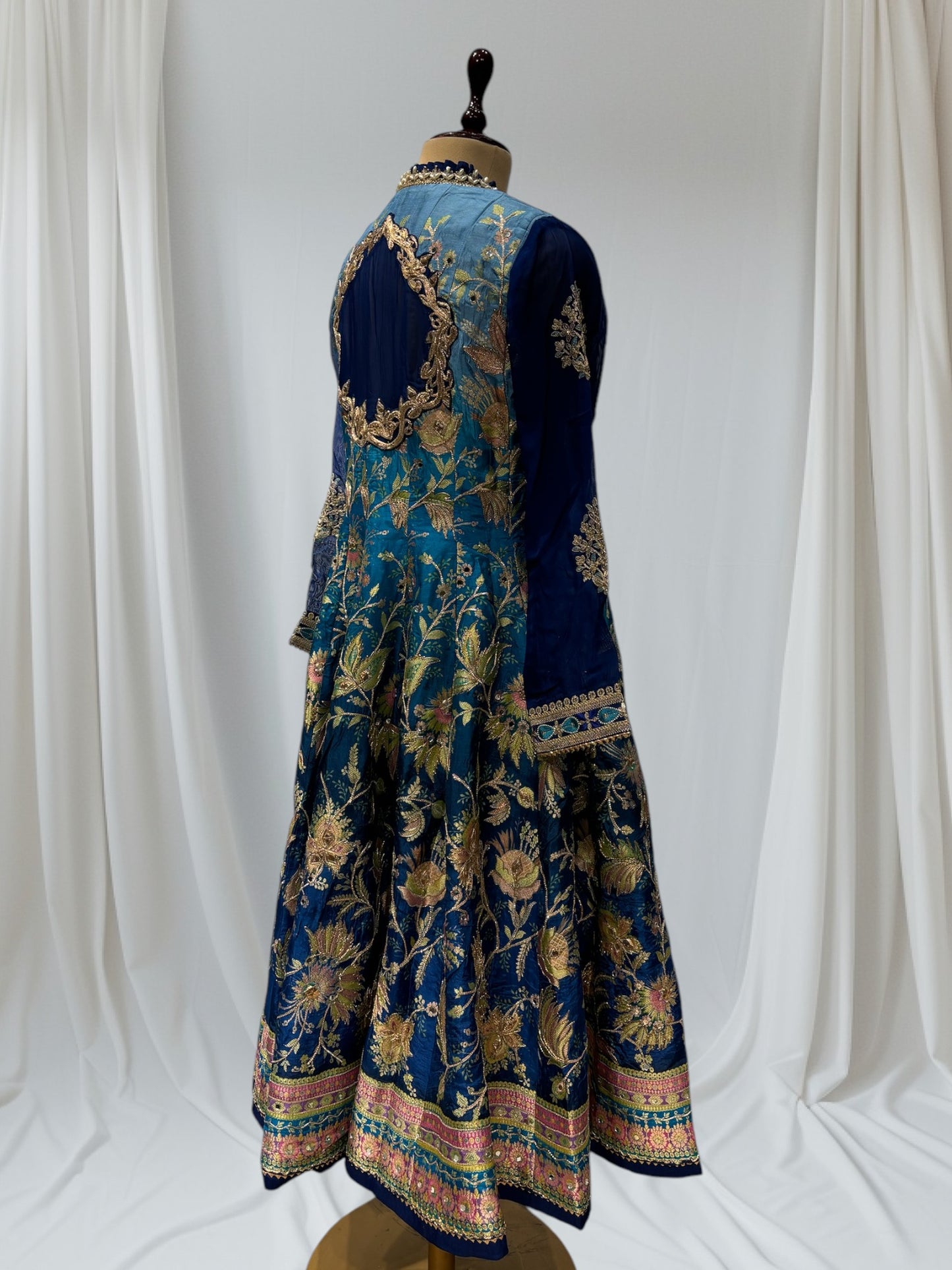 PEACOCK BLUE ANARKALI PATTERN, SILK SUIT WITH FINE INTRICATED, FLORAL EMBROIDERY GOTA PAATI WORK