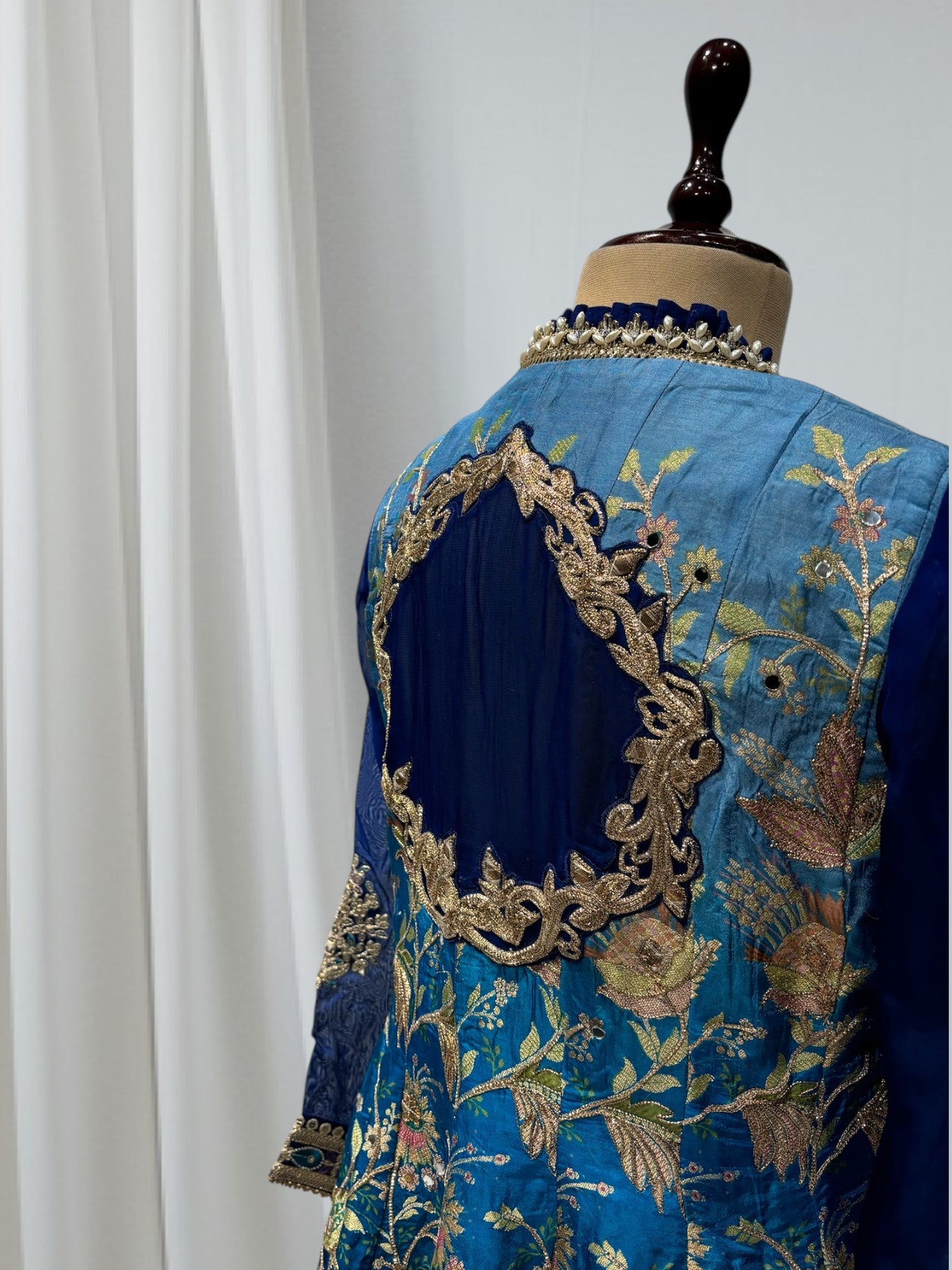 PEACOCK BLUE ANARKALI PATTERN, SILK SUIT WITH FINE INTRICATED, FLORAL EMBROIDERY GOTA PAATI WORK