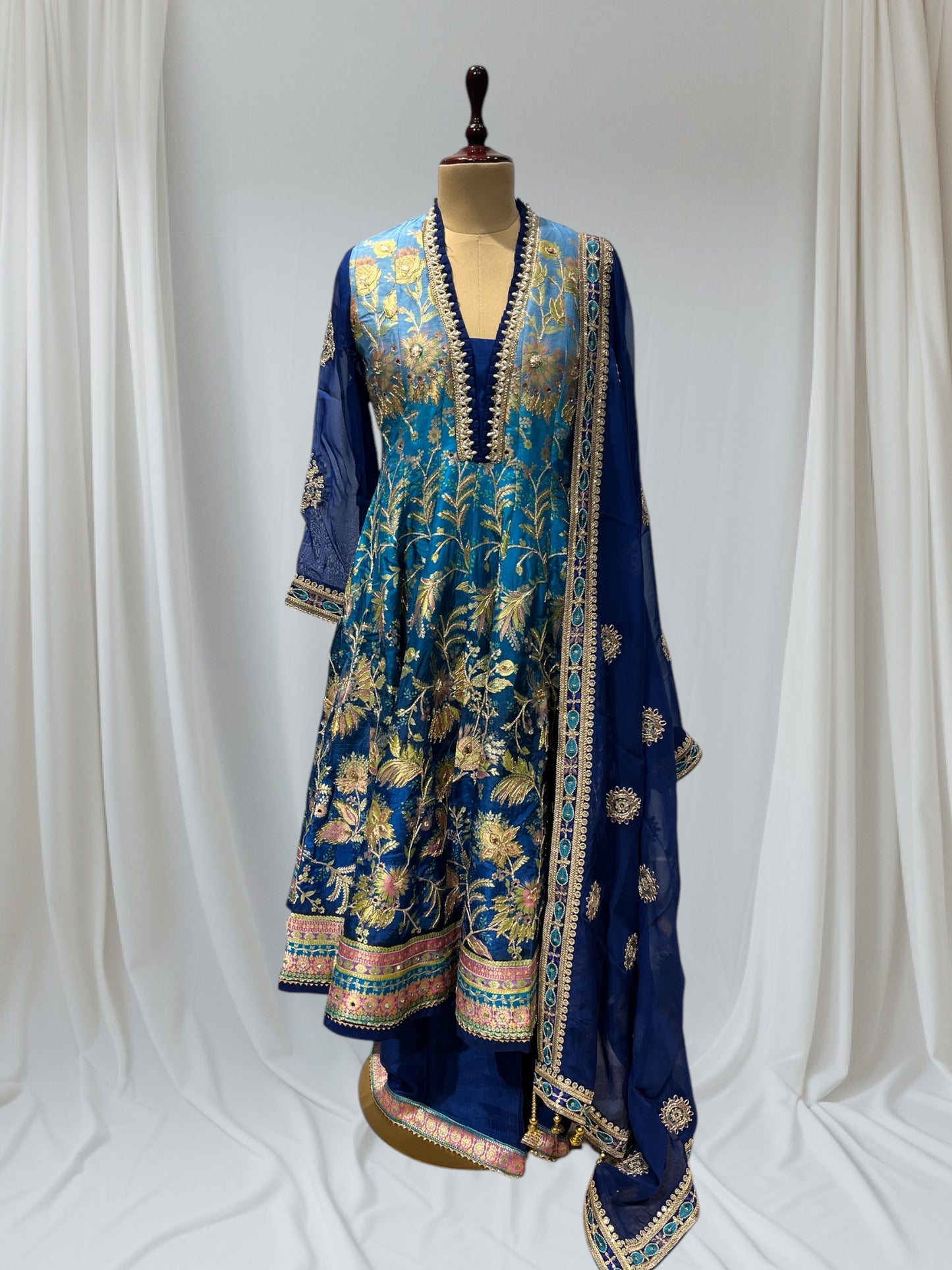 PEACOCK BLUE ANARKALI PATTERN, SILK SUIT WITH FINE INTRICATED, FLORAL EMBROIDERY GOTA PAATI WORK