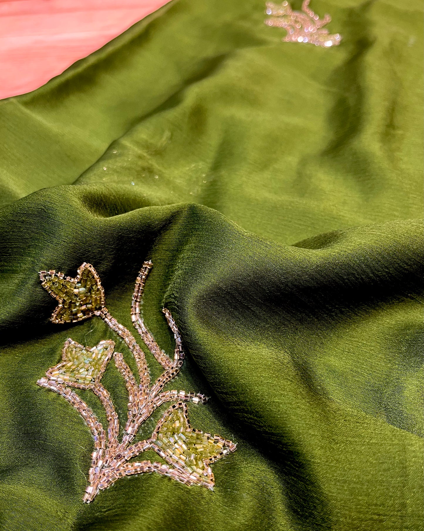 MEHANDI GREEN COLOUR CHIFFON EMBROIDERED SAREE EMBELLISHED WITH CUTDANA WORK