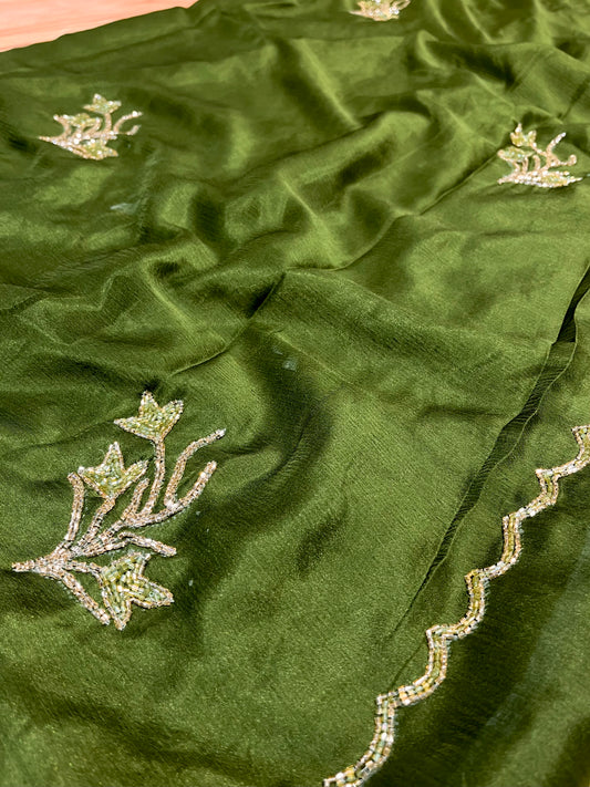 MEHANDI GREEN COLOUR CHIFFON EMBROIDERED SAREE EMBELLISHED WITH CUTDANA WORK