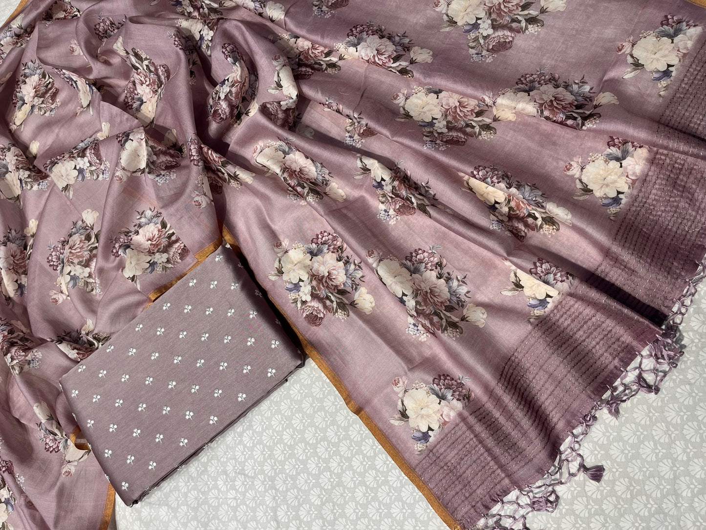 (DELIVERY IN 25 DAYS) MAUVE COLOUR CHANDERI EMBROIDERED UNSTITCHED SUIT WITH FLORAL DUPATTA