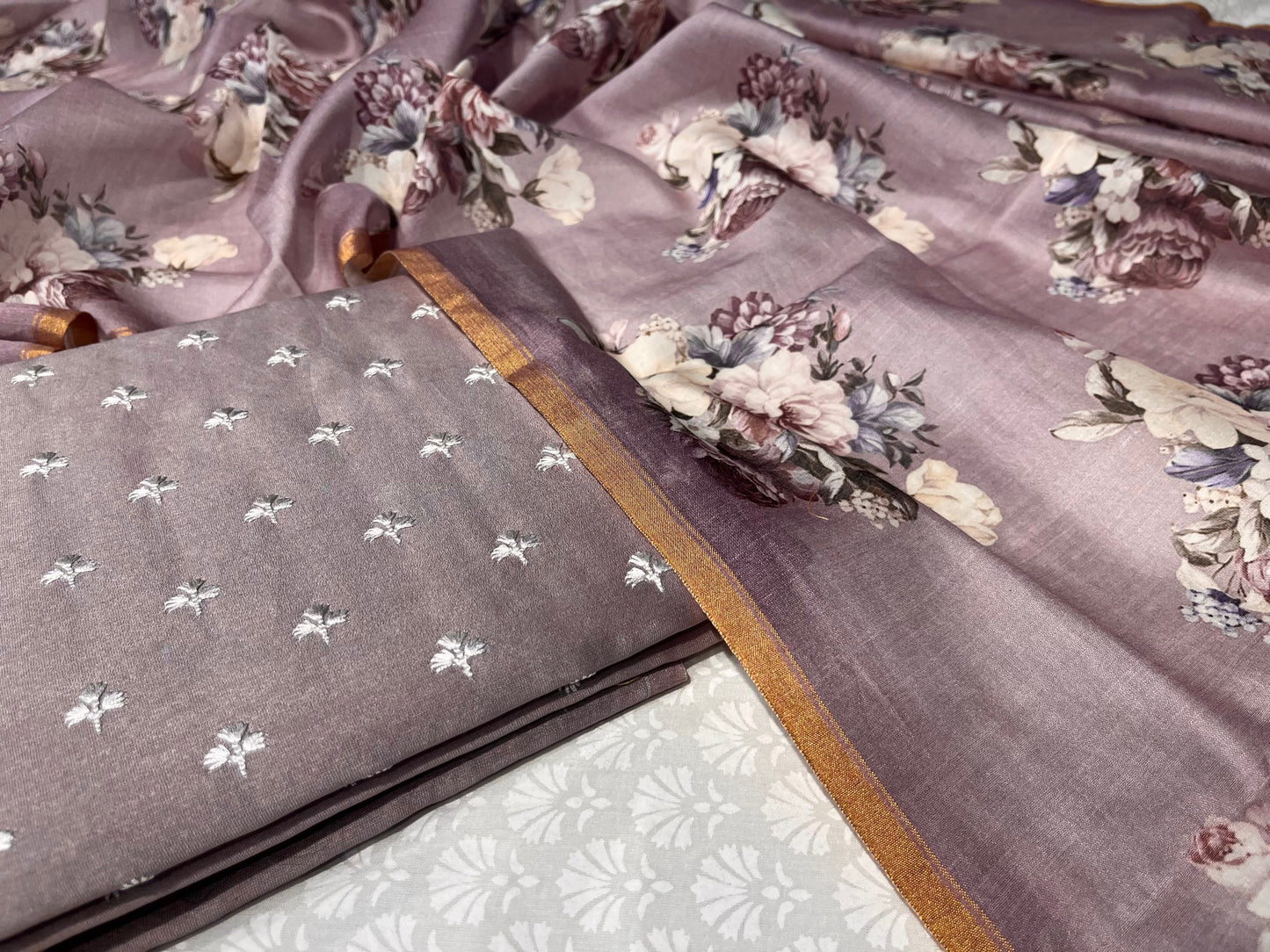 (DELIVERY IN 25 DAYS) MAUVE COLOUR CHANDERI EMBROIDERED UNSTITCHED SUIT WITH FLORAL DUPATTA