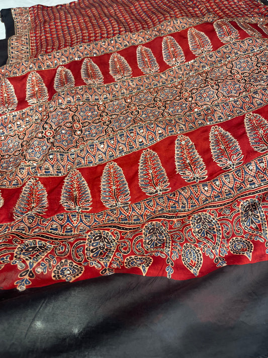 ELEGANT RED AJRAK PRINTED MODAL SILK SAREE WITH INTRICATE AARI WORK