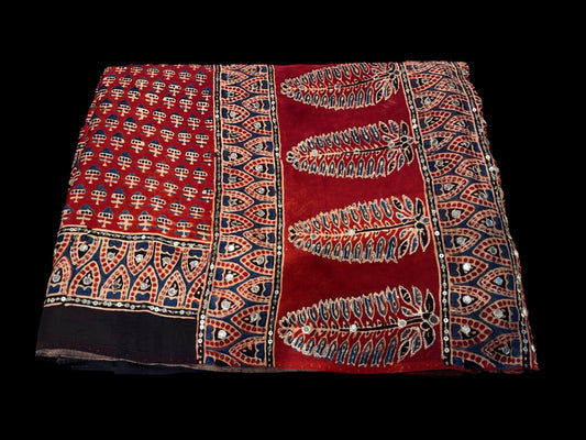 ELEGANT RED AJRAK PRINTED MODAL SILK SAREE WITH INTRICATE AARI WORK