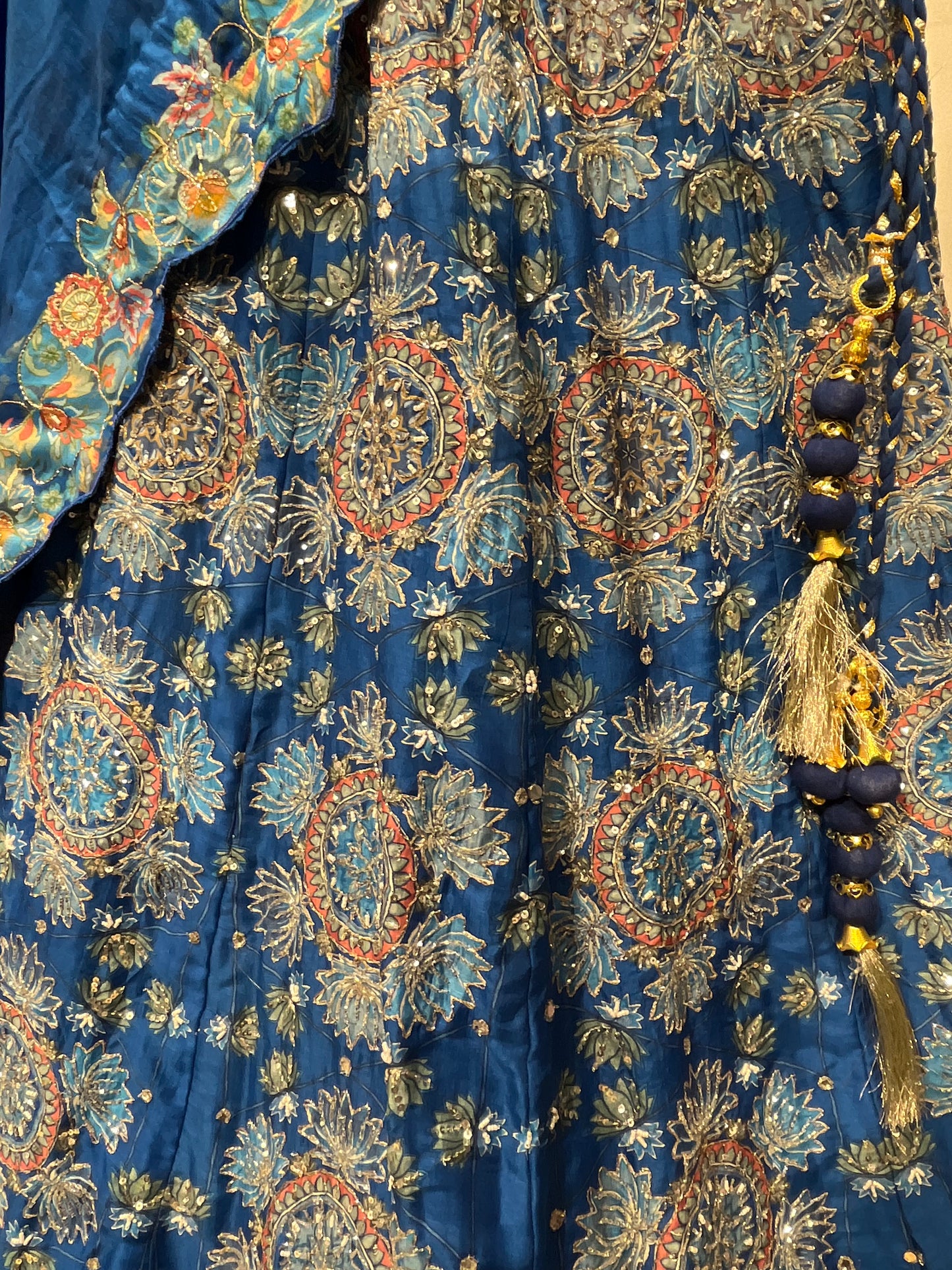 BLUE MUSLIN SILK LEHENGA UNSTITCHED CROPPED WITH SEQUINS EMBROIDERY