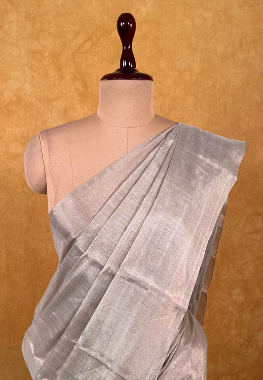 SILVER COLOUR CHANDERI TISSUE SAREE WITHOUT BLOUSE