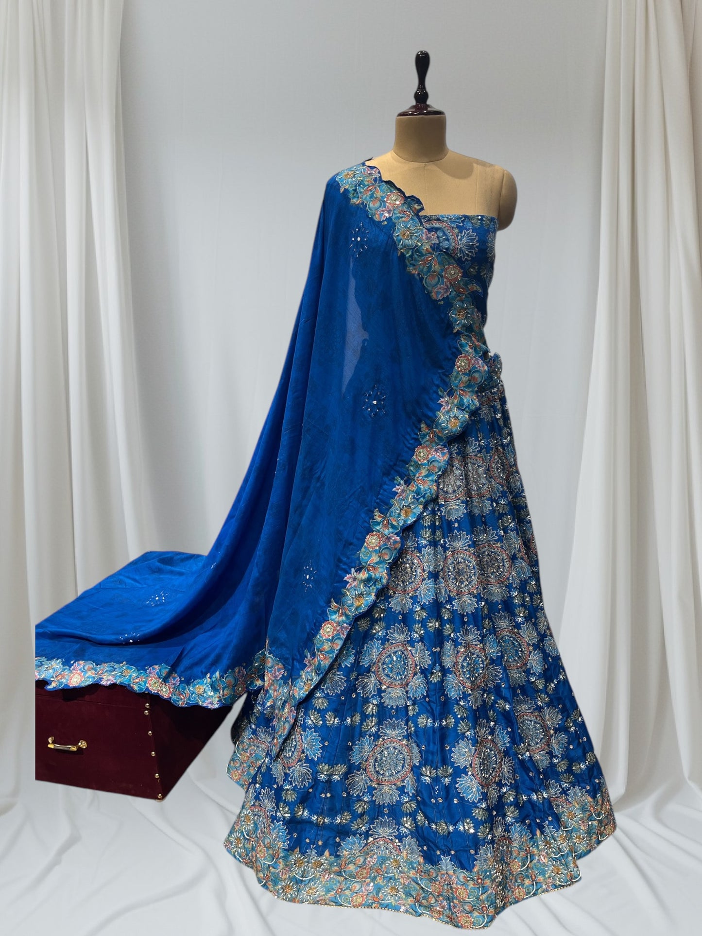 BLUE MUSLIN SILK LEHENGA UNSTITCHED CROPPED WITH SEQUINS EMBROIDERY