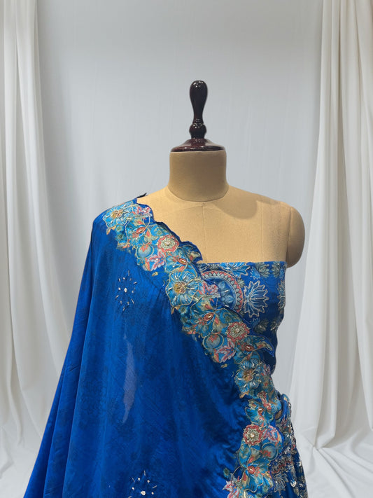 BLUE MUSLIN SILK LEHENGA UNSTITCHED CROPPED WITH SEQUINS EMBROIDERY