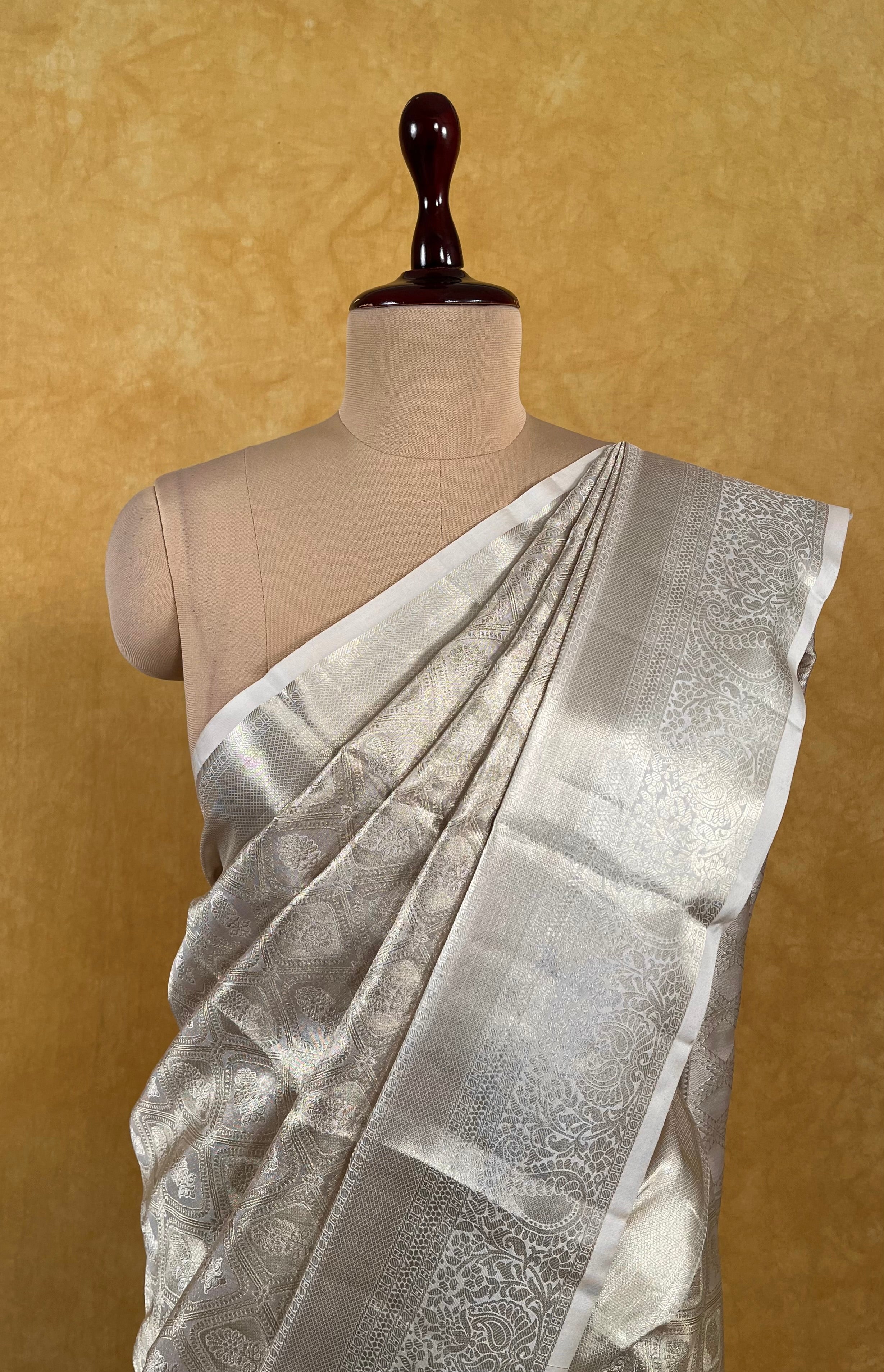 Silver Kanjeevaram Saree • South India Fashion | Saree blouse designs,  Blouse design models, Indian fashion trends