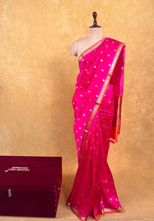 HOT PINK COLOUR PURE SILK SAREE EMBELLISHED WITH ZARI WEAVES