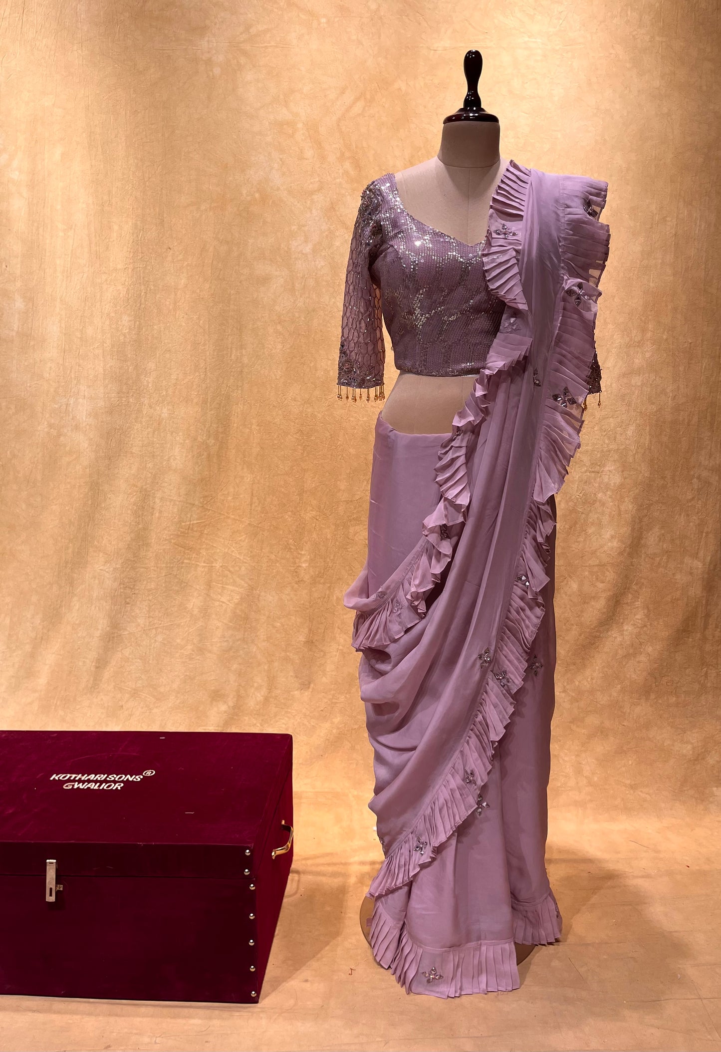 (DELIVERY IN 25 DAYS ) LAVENDER COLOUR ORGANZA READYMADE BLOUSE SAREE EMBELLISHED WITH SEQUINS, CUTDANA WORK