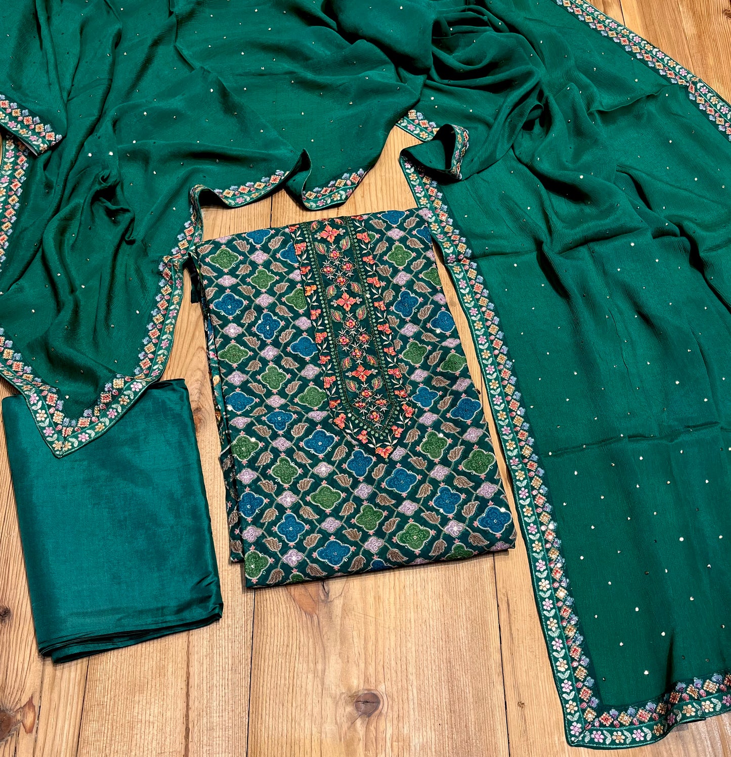 PEACOCK GREEN COLOUR GEORGETTE EMBROIDERED UNSTITCHED SUIT WITH CHINON DUPATTA