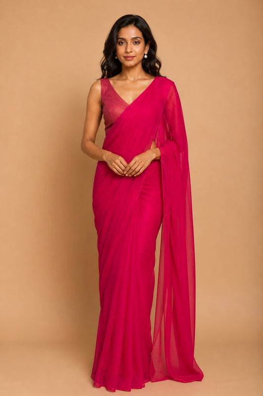 HOT PINK COLOUR CHIFFON SAREE WITH CREPE TISSUE UNSTITCHED BLOUSE