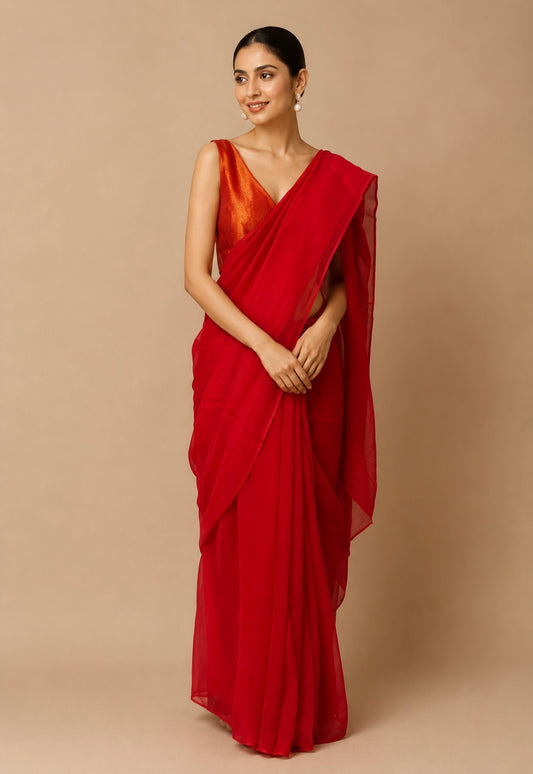 RED COLOUR CHIFFON CREPE TISSUE UNSTITCHED SAREE