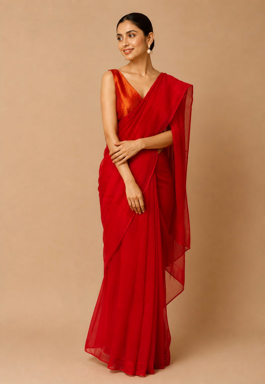 RED COLOUR CHIFFON CREPE TISSUE UNSTITCHED SAREE
