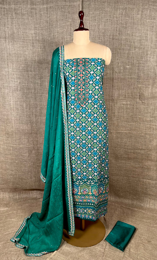 PEACOCK GREEN COLOUR GEORGETTE EMBROIDERED UNSTITCHED SUIT WITH CHINON DUPATTA