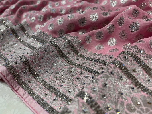 ( DELIVERY IN 25 DAYS ) BABY PINK COLOUR GEORGETTE BANARASI KHADDI SAREE EMBELLISHED WITH CUTDANA WORK