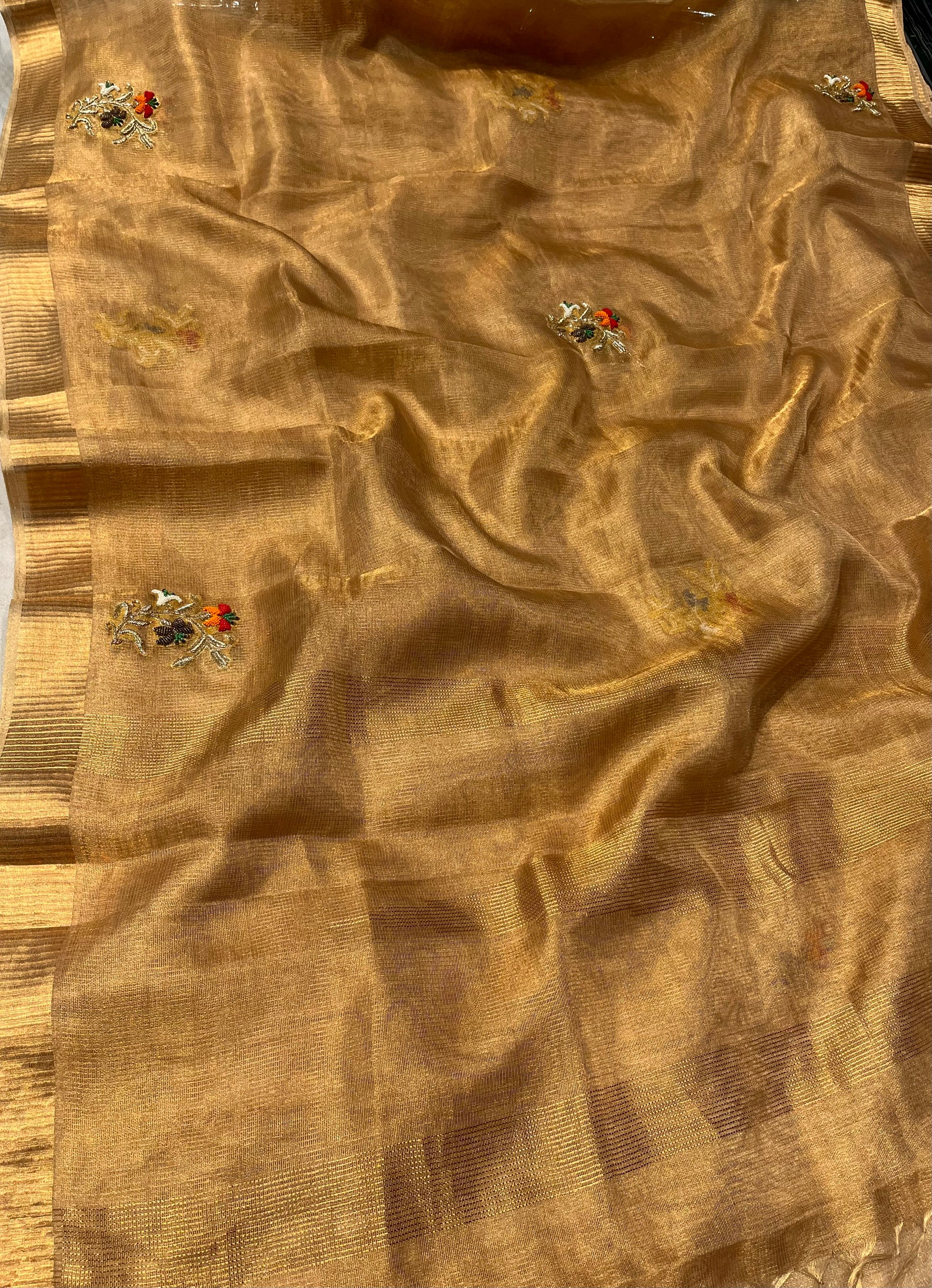 GOLDEN MACLINO HAND EMBROIDERED SAREE EMBELLISHED WITH ZARDOZI & BEADS WORK - Kothari Sons