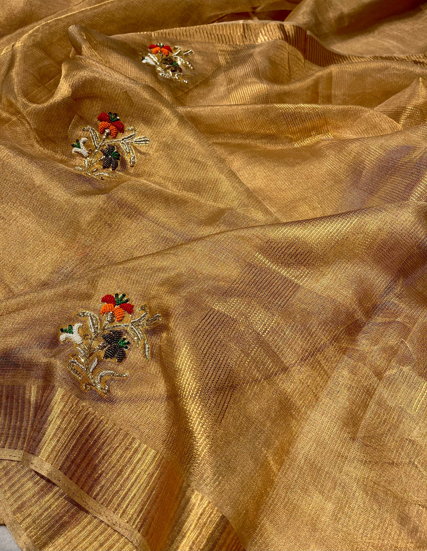 GOLDEN MACLINO HAND EMBROIDERED SAREE EMBELLISHED WITH ZARDOZI & BEADS WORK - Kothari Sons