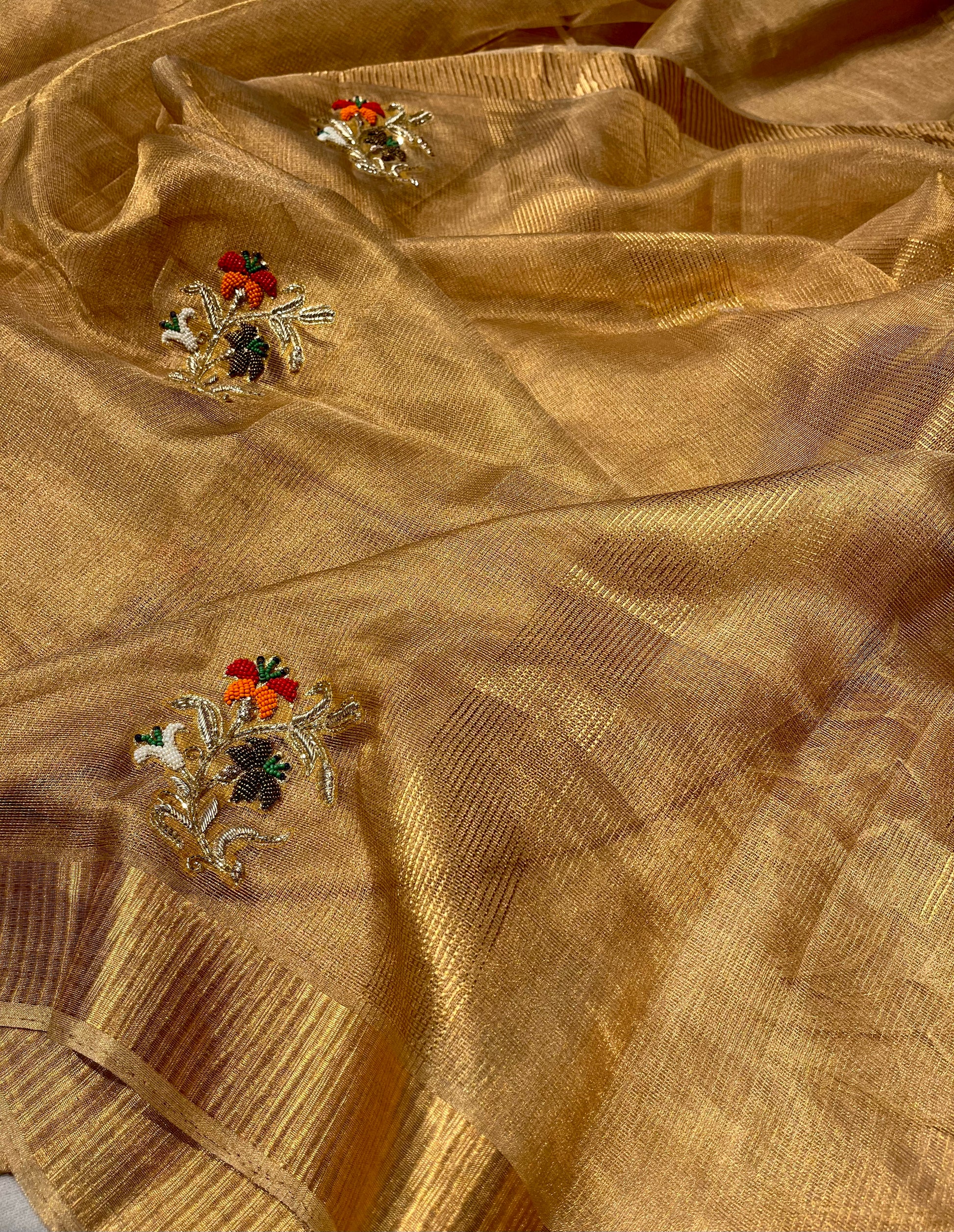 GOLDEN MACLINO HAND EMBROIDERED SAREE EMBELLISHED WITH ZARDOZI & BEADS WORK - Kothari Sons