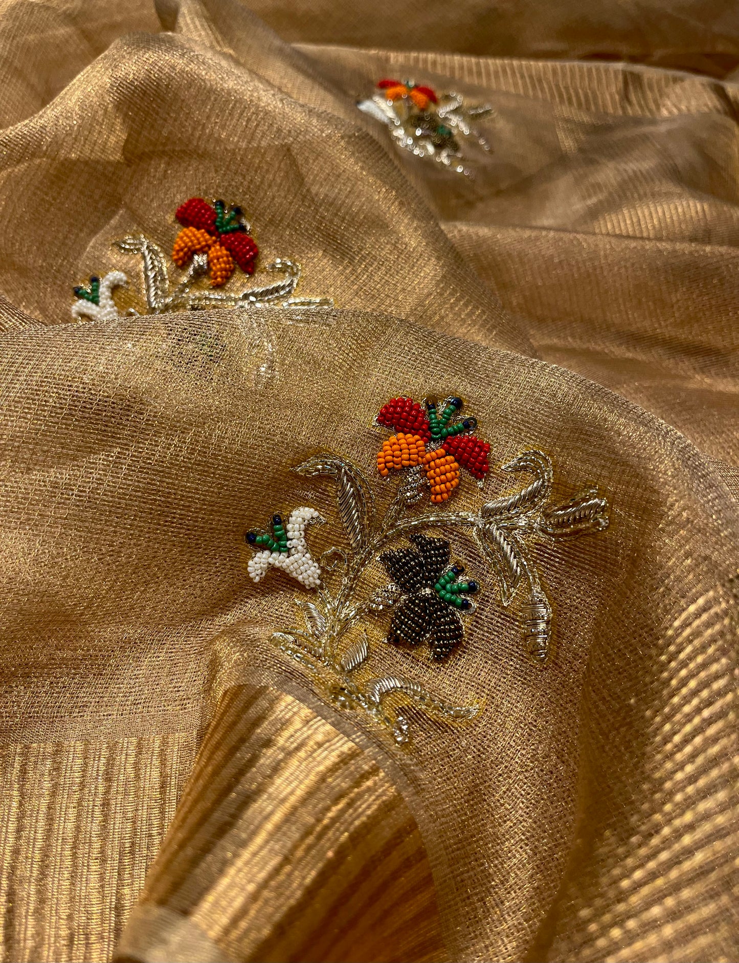 GOLDEN MACLINO HAND EMBROIDERED SAREE EMBELLISHED WITH ZARDOZI & BEADS WORK - Kothari Sons