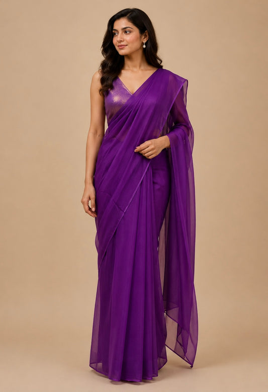 PURPLE COLOUR CHIFFON SAREE WITH CREPE TISSUE UNSTITCHED BLOUSE