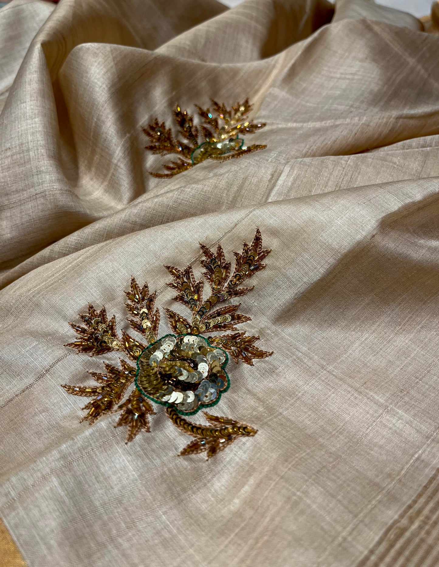 IVORY COLOUR PURE TUSSAR SILK HAND EMBROIDERED SAREE EMBELLISHED WITH SEQUINS WORK - Kothari Sons