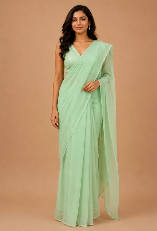 PISTA COLOUR CHIFFON SAREE WITH CREPE TISSUE UNSTITCHED BLOUSE