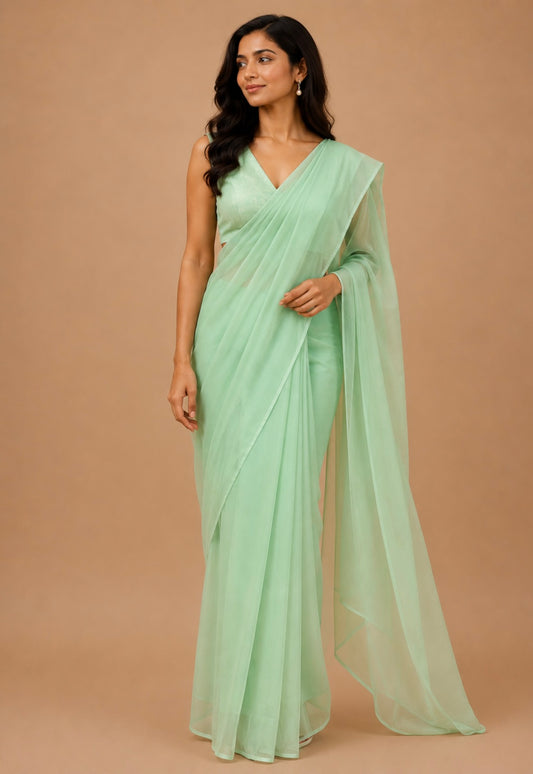 PISTA COLOUR CHIFFON SAREE WITH CREPE TISSUE UNSTITCHED BLOUSE